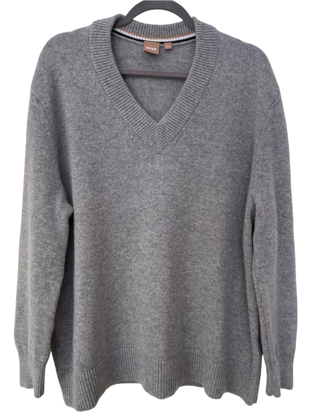 BOSS 100% Cashmere Sweater Mens M Gray V-Neck Elevated Casual Luxury Menswear
